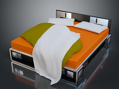 Modern Bed With Orange Mattress Green White Comforter White Pillows Black Headboard And Metal Frame 3d model
