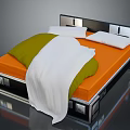 Modern Bed With Orange Mattress Green White Comforter White Pillows Black Headboard And Metal Frame