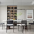 Modern Restaurant Interior Design With Dining Table Chairs Wine Cabinet Green Plant And Wall Art