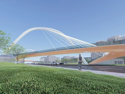 Sleek Modern Arch Bridge With White Structure Glass Deck Green Lawn And Pedestrians 3d model