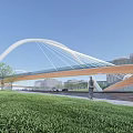 Sleek Modern Arch Bridge With White Structure Glass Deck Green Lawn And Pedestrians