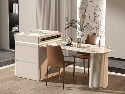 Modern Elegant Dining Table Set With Marble Top Brown Chairs And White Sideboard 3d model