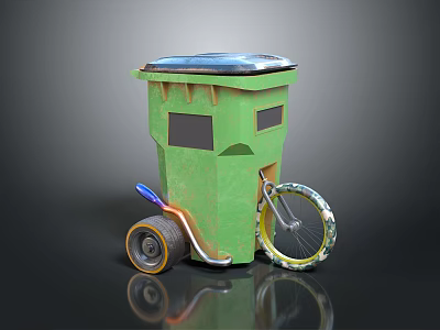 Innovative Green Trash Bin With Solar Panel Top And Colorful Bicycle Wheel Mobile Design 3d model