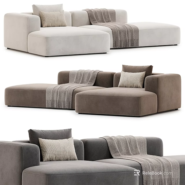 Modern Sectional Sofa With Cozy Throw Blankets And Decorative Pillows In Neutral Tones 3d model 