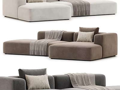 Modern Sectional Sofa With Cozy Throw Blankets And Decorative Pillows In Neutral Tones 3d model
