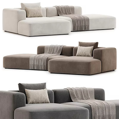 Modern Sectional Sofa With Cozy Throw Blankets And Decorative Pillows In Neutral Tones 3d model