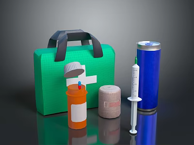 Essential Medical Devices With Green First Aid Kit Medicine Bottle Bandage Syringe And Disinfectant Canister 3d model