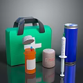 Essential Medical Devices With Green First Aid Kit Medicine Bottle Bandage Syringe And Disinfectant Canister