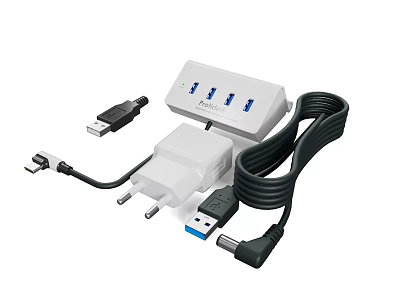 White Multiple USB Ports Charger With Power Adapter And Data Cables For Phones 3d model
