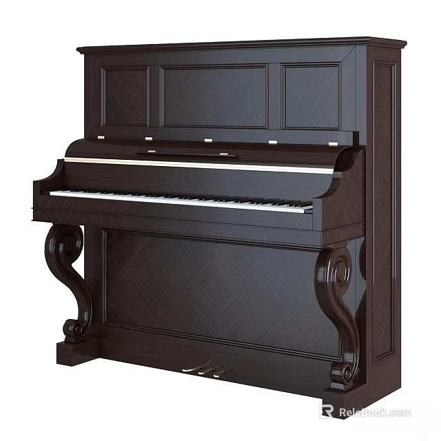 Elegant Dark Wood Upright Piano With Carved Legs And Decorative Panels 3d model 