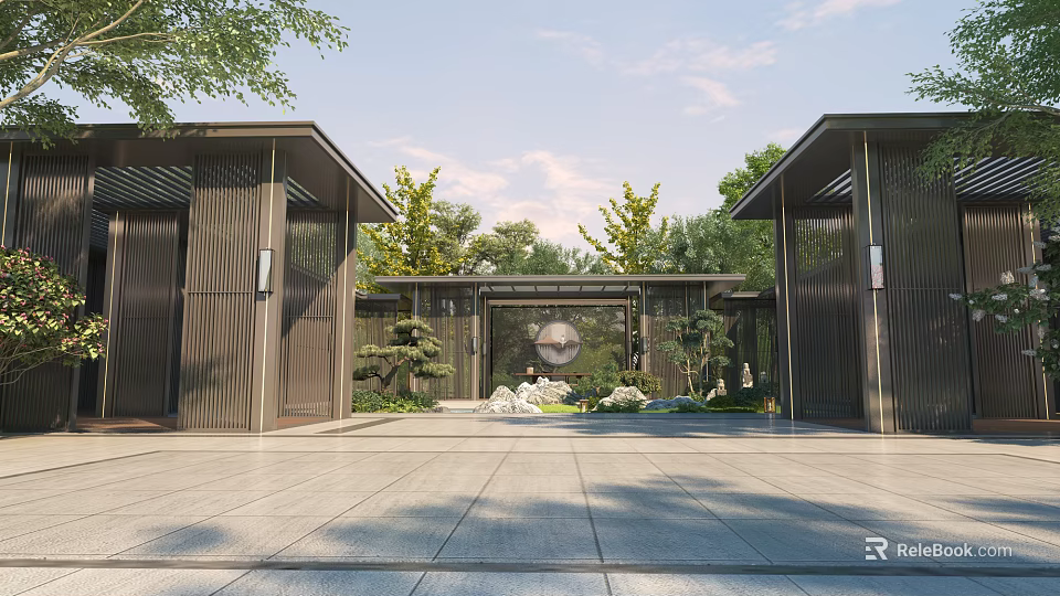 Modern Garden Pergola With Green Plants And Stone Paved Floor In Symmetric Design 3d model 