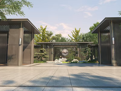 Modern Garden Pergola With Green Plants And Stone Paved Floor In Symmetric Design 3d model