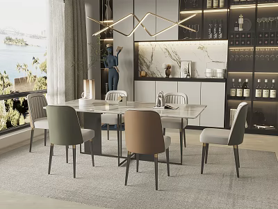 Modern Dining Table Set With Stylish Chairs Wine Cabinet Marble Backsplash And Pendant Light 3d model