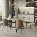 Modern Dining Table Set With Stylish Chairs Wine Cabinet Marble Backsplash And Pendant Light