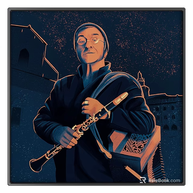 Portrait Painting of a Clarinetist with Glasses and Patterned Bag in Starry Night Scene 3d model 