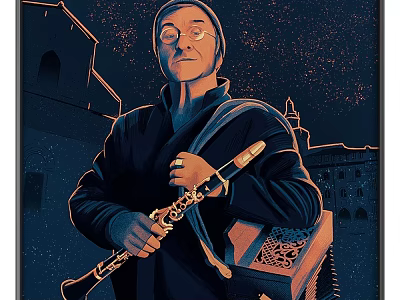 Portrait Painting of a Clarinetist with Glasses and Patterned Bag in Starry Night Scene 3d model
