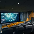 Modern Cinema Interior With Large Projection Screen Yellow Gray Seats Stepped Seating And Geometric Walls