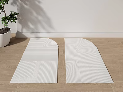 Stylish Arched Rugs with Striped Texture on Wooden Floor Near White Wall and Green Plant 3d model