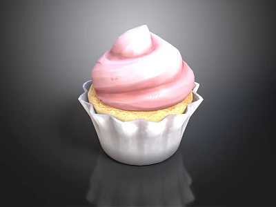 Delicious Cupcake With Pink Swirl Frosting White Paper Cup And Yellow Base 3d model