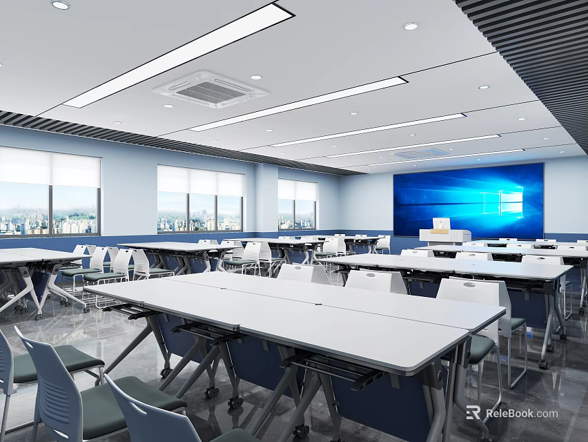 Spacious Modern School Classroom With Large Windows And White Desks 3d model