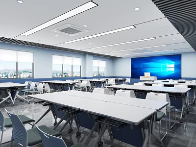 Spacious Modern School Classroom With Large Windows And White Desks 3d model