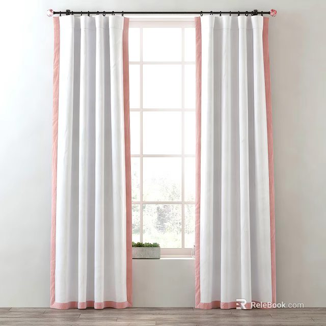 Stylish White Curtains With Pink Trim By Window Featuring Small Potted Plant 3d model 