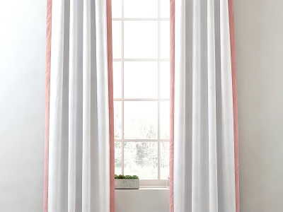 Stylish White Curtains With Pink Trim By Window Featuring Small Potted Plant 3d model