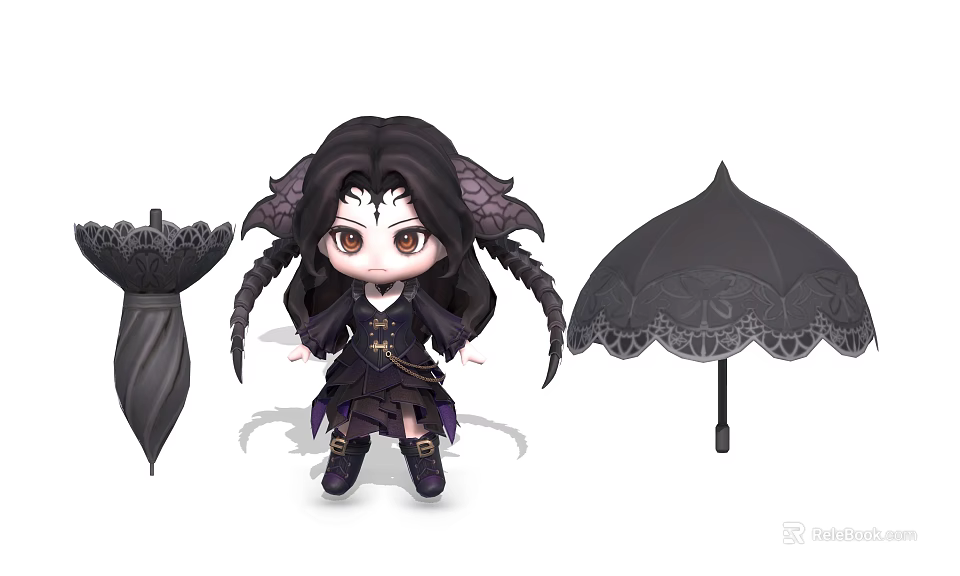 Cute Game Movie Character With Black Hair Double Ponytails Demon Horns And Black Lace Umbrella 3d model 