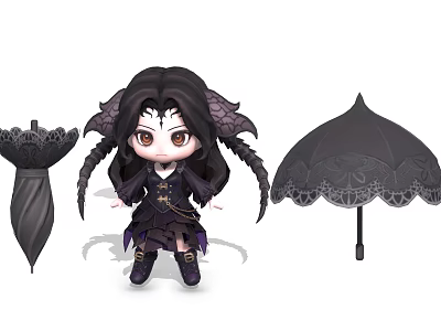Cute Game Movie Character With Black Hair Double Ponytails Demon Horns And Black Lace Umbrella 3d model