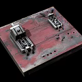 Vintage Switch Panel on Red Worn Wooden Board with Rusted Mechanisms and Holes