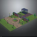Outdoor Park Equipment With Lamp Posts Fountain Brick Archway And Green Lawn