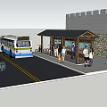 Bus Station With Stone Wall Shelter Bus Passengers And Parked Car