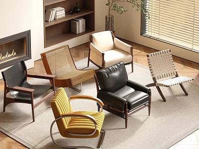 Stylish Various Accent Chairs In Modern Living Room With Leather Fabric Rattan Designs 3d model