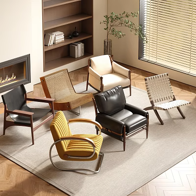 Stylish Various Accent Chairs In Modern Living Room With Leather Fabric Rattan Designs 3d model