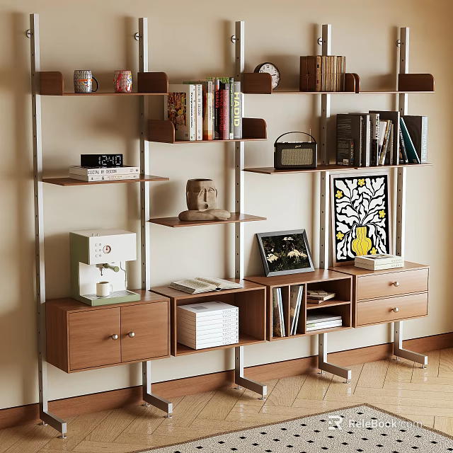 Stylish Wooden Storage Shelf Unit With Books Decorative Items Coffee Machine And Artwork 3d model 