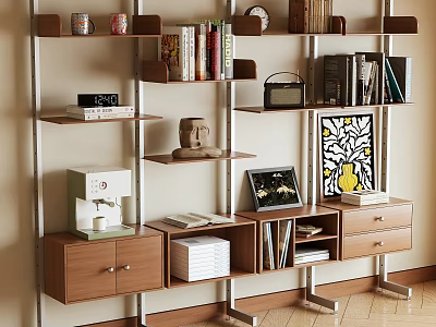 Stylish Wooden Storage Shelf Unit With Books Decorative Items Coffee Machine And Artwork 3d model