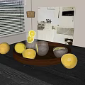 Glass Cups With Lemon Slices And Orange Halves On Wooden Tray With Cork Bottle