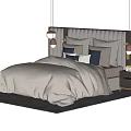Modern Upholstered Double Bed with Neutral Bedding Dark Light Pillows and Hanging Lights 3d model