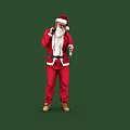 Man in Red Santa Costume Carrying Sack With White Dots Holding Bottle Against Green Background