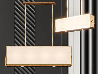 Elegant Modern Rectangular Pendant Lights With Gold Metal Frame And Fabric Lampshade In Interior Space 3d model