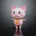 Pink Cartoon Piglet Character With Colorful Striped Scarf And Heart Shaped Blushes Standing On Dark Background
