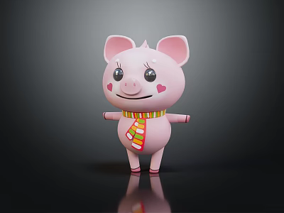 Pink Cartoon Piglet Character With Colorful Striped Scarf And Heart Shaped Blushes Standing On Dark Background 3d model