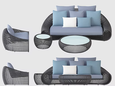 Modern Outdoor Wicker Sofa With Black Frame Blue White Cushions And Round Coffee Tables 3d model