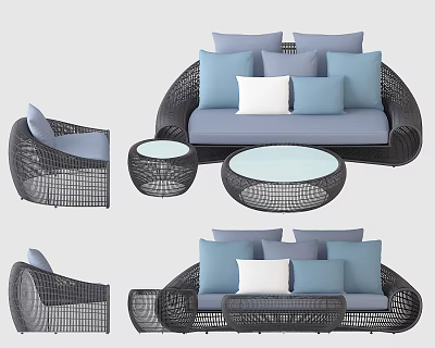 Modern Outdoor Wicker Sofa With Black Frame Blue White Cushions And Round Coffee Tables 3d model