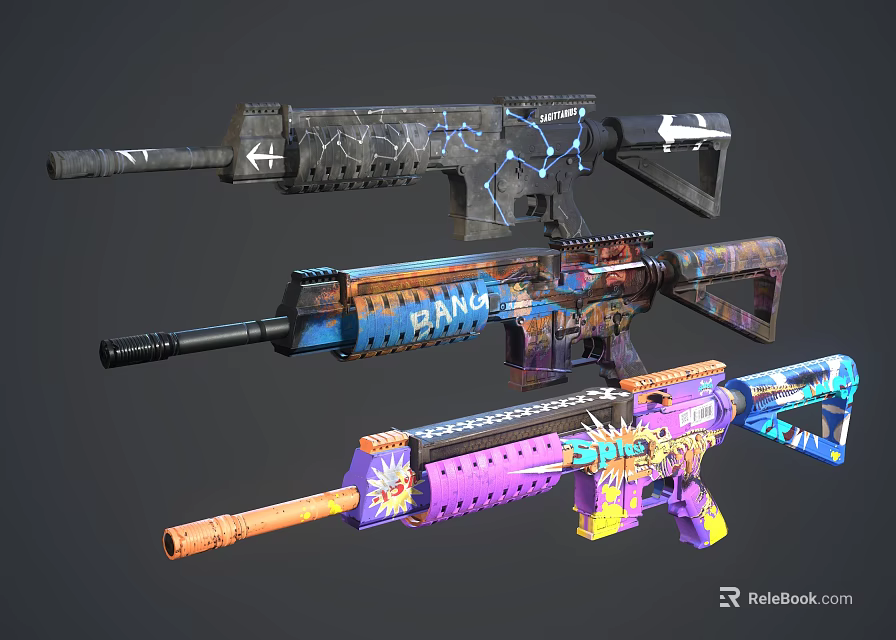 Vibrant Graffiti Designed Rifles With Various Colorful Patterns And Bright Styles 3d model 