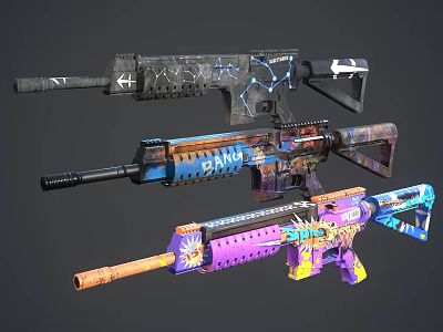 Vibrant Graffiti Designed Rifles With Various Colorful Patterns And Bright Styles 3d model