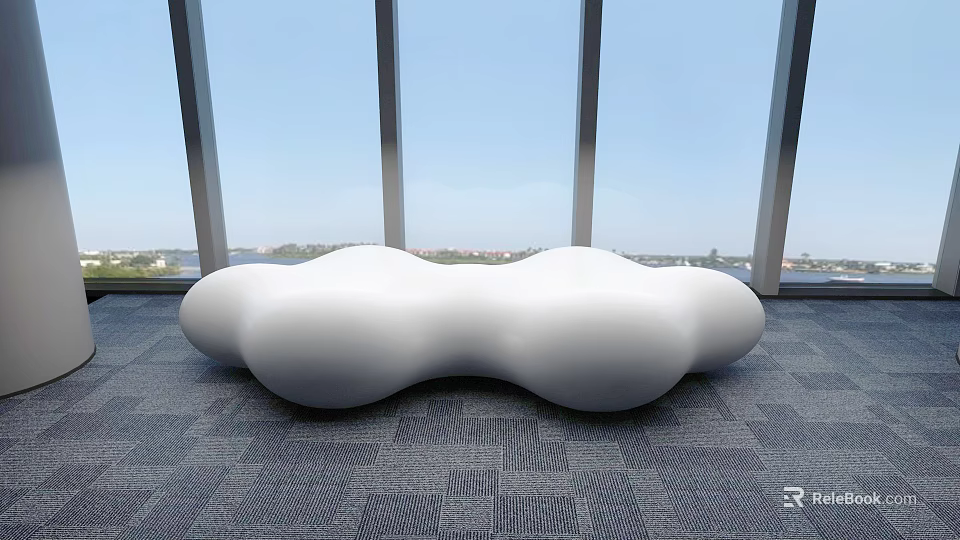 White Curved Sculptural Lounge Chair In Room With Large Windows And Gray Carpet 3d model 