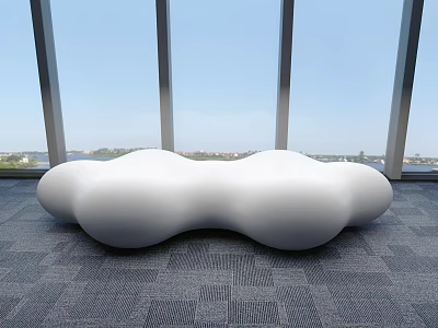 White Curved Sculptural Lounge Chair In Room With Large Windows And Gray Carpet 3d model
