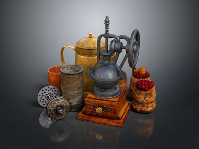 Vintage Kitchen Utensils Collection Featuring Copper Kettle Manual Grinder Metal Containers And Red Fruits In Wicker Basket 3d model