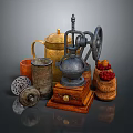 Vintage Kitchen Utensils Collection Featuring Copper Kettle Manual Grinder Metal Containers And Red Fruits In Wicker Basket